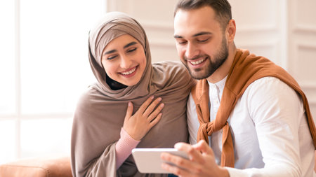 Cheerful Muslim Couple Using Smartphone Having Fun Together At Homeの写真素材
