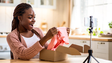 Fashion Blog. Young African American Female Influencer Recording Video Content At Homeの写真素材