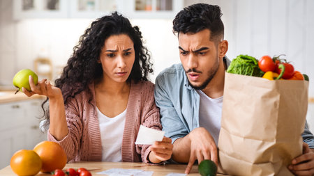 Shocking Prices. Confused Middle Eastern Spouses Checking Bills After Grocery Shoppingの写真素材