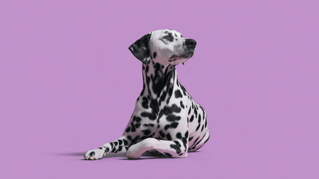 A Dalmatian dog is elegantly lounging while embodying a yoga pose against a purple backdropの素材