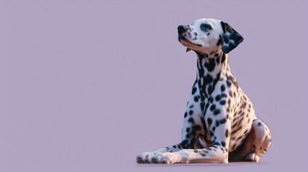 Dalmatian dog relaxes in a yoga pose, embodying peace and promoting wellness in a tranquil settingの素材