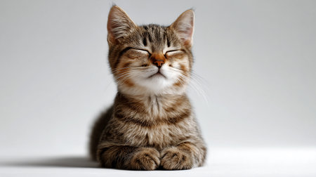 A relaxed cat sits calmly with closed eyes, embodying tranquility and mindfulness in a quiet spaceの素材