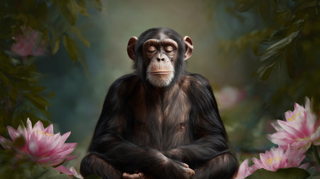 A peaceful monkey sits in a meditative pose surrounded by vibrant lotus flowers in natureの素材