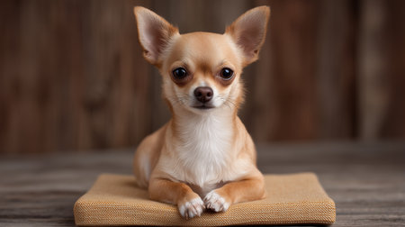 Small dog is lying on a yoga mat, embodying tranquility while surrounded by a warm environmentの素材