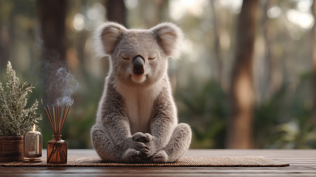 A koala is meditating in a tranquil forest setting, embracing a healthy lifestyle through yogaの素材