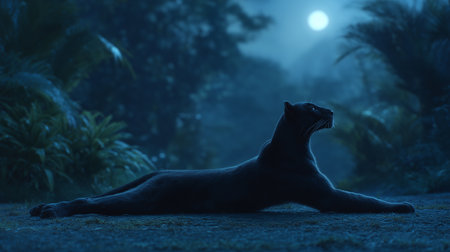 A black panther stretches elegantly on the forest floor, illuminated by moonlightの素材