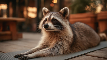 A raccoon is stretching on a yoga mat in an outdoor setting during sunset, promoting wellnessの素材