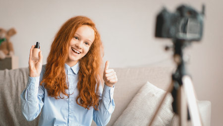 Teen Girl Recording Her Beauty Blog, Showing Foundation