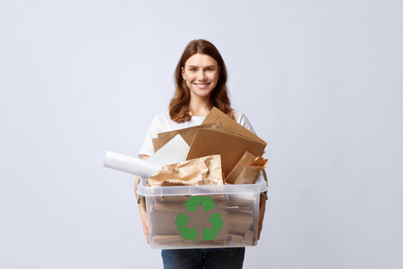 Recycling And Waste Sorting. Smiling Woman Holding Plastic Box With Paper Garbageの写真素材