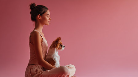 A woman sits cross-legged in a calming environment, practicing yoga with her dog beside herの素材