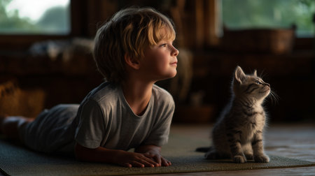 A child relaxes on a yoga mat while a kitten sits beside, both enjoying the calmの素材