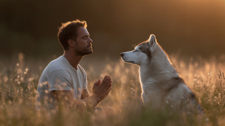 A person practices meditation with a dog by their side as the sun sets over a peaceful fieldの素材