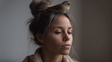 A person practices mindfulness in yoga with a small bird resting on their head, embodying peaceの素材