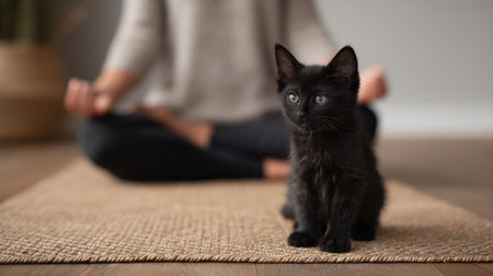 A person sits cross-legged on a mat, practicing yoga while a playful black cat observes nearbyの素材