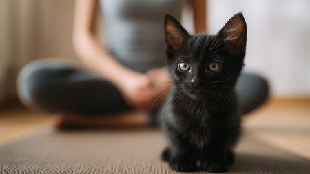 A person practices yoga while a black kitten watches attentively, creating a calming atmosphereの素材