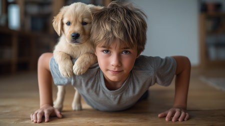 A boy does push-ups with a puppy playfully resting on his shoulders, enjoying exercise togetherの素材
