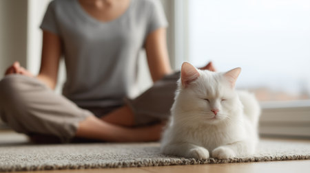 A person does yoga for relaxation while a calm white cat nearby adds to the tranquilityの素材