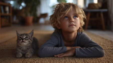 A young boy calmly lies on the floor beside a kitten, enjoying a moment of relaxation togetherの素材
