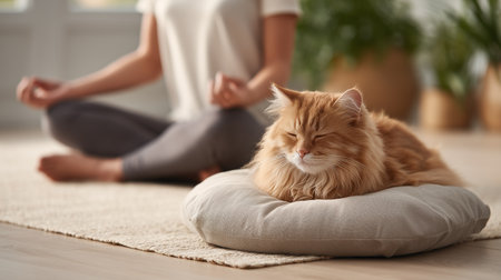 A person practices yoga while a cat rests peacefully nearby on a cushionの素材