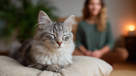 A person enjoys yoga while their cat rests comfortably nearby, creating a serene atmosphereの素材