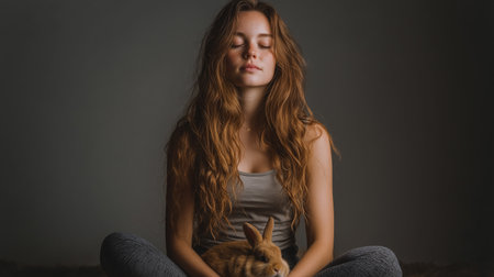 A woman sits in a meditative pose on the floor, calmly resting with her pet rabbit for relaxationの素材