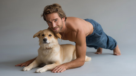 A man performs yoga while a dog relaxes beside him in a calm indoor settingの素材