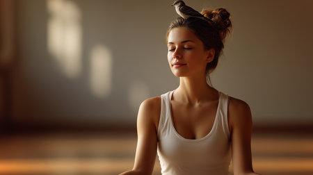 A woman engages in yoga, finding tranquility and balance in a calming indoor spaceの素材