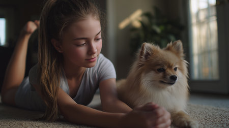 Girl practices yoga while petting a small dog in a calming indoor settingの素材