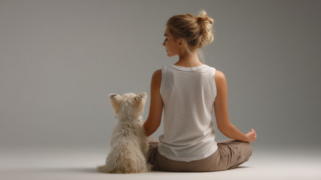 A person enjoys peaceful yoga and relaxation with their furry friend in a calm indoor environmentの素材