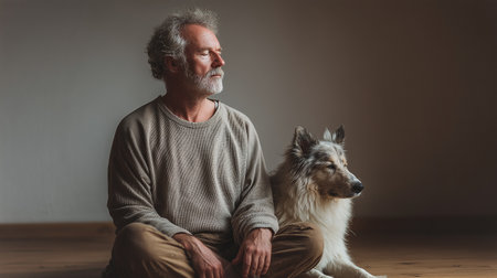 A man sits in a peaceful yoga posture, meditating with his dog nearby in a calm indoor settingの素材