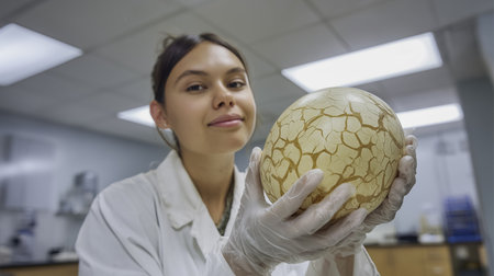 A young scientist in a lab holds a fossilized dinosaur egg, highlighting paleontologyの素材