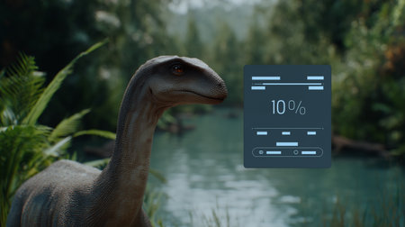 A vivid portrayal of extinct animals like lions, saber-toothed tigers, and dinosaursの素材