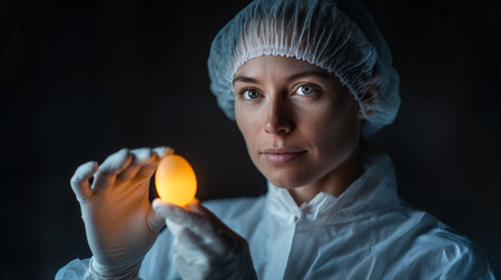 Scientist examines a luminous egg believed to contain genetic material from extinct speciesの素材