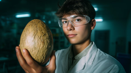 A young scientist holds a large egg, symbolizing efforts to revive extinct animalsの素材