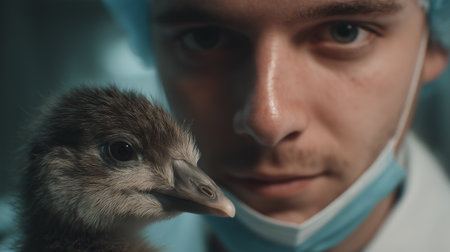 Advanced science revives extinct species, highlighting a researcher interacting with a birdの素材