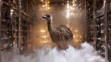 A moa bird stands in a high-tech lab environment surrounded by glowing machinery and mistの素材