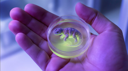 A hand holds a specimen from a resurrection project focused on extinct animal speciesの素材
