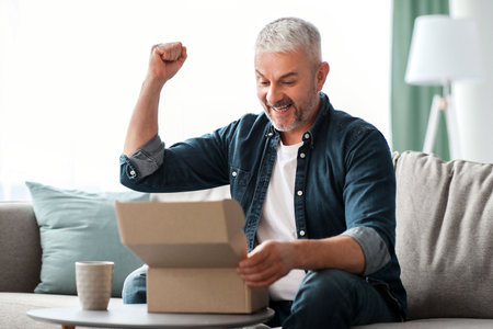 Happy senior man customer checking mail box, raising fists up