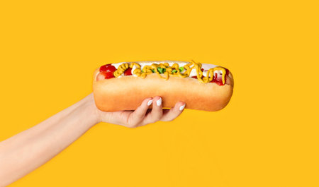 Cropped view of young girl holding tasty hot dog with mustard and ketchup on orange backgroundの写真素材