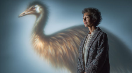 A human figure stands before a large depiction of a moa bird, merging history with scienceの素材