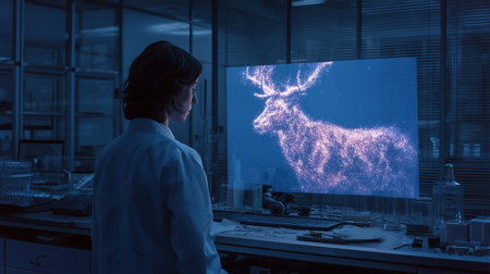A scientist observes a digital representation of an extinct deer species in a high-tech laboratoryの素材