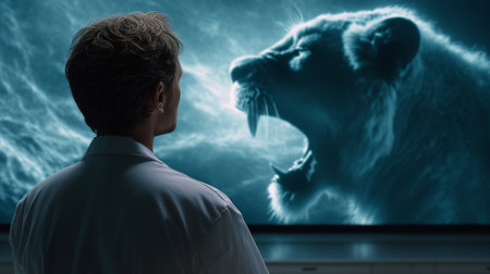 A researcher sees a lifelike saber-toothed tiger brought to life with advanced techの素材