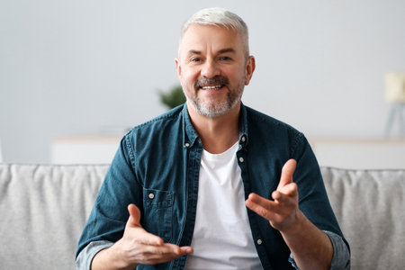 Cheerful matured man having video conference from homeの写真素材