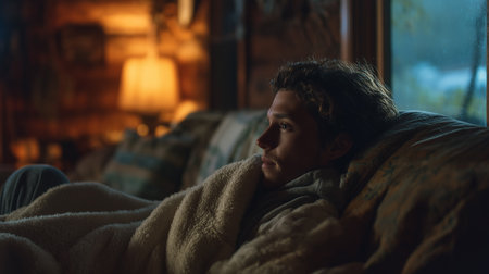 A young person sits wrapped in a blanket on a couch, reflecting on their feelings of isolationの素材