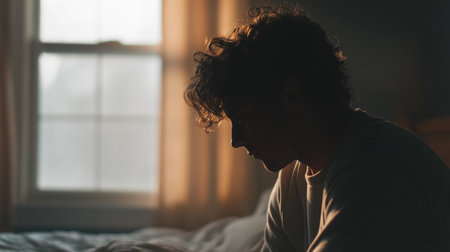 A person sits quietly in bed, lost in thought and grappling with feelings of burnout and lonelinessの素材