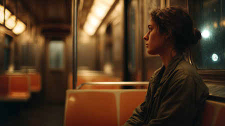 Woman sits alone on a subway, lost in thought amid dim lighting and empty seatsの素材