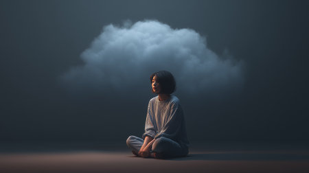 A person sits on the floor, deep in thought, surrounded by a cloud of struggleの素材