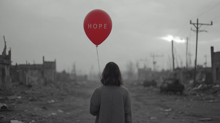 A figure holds a red hope balloon in a barren landscape, symbolizing resilienceの素材