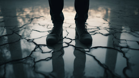 A person stands on cracked ground, reflecting on feelings of loneliness and mental distress at duskの素材