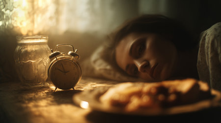 A person lying in bed gazes thoughtfully at a clock and uneaten food in a still, somber ambianceの素材